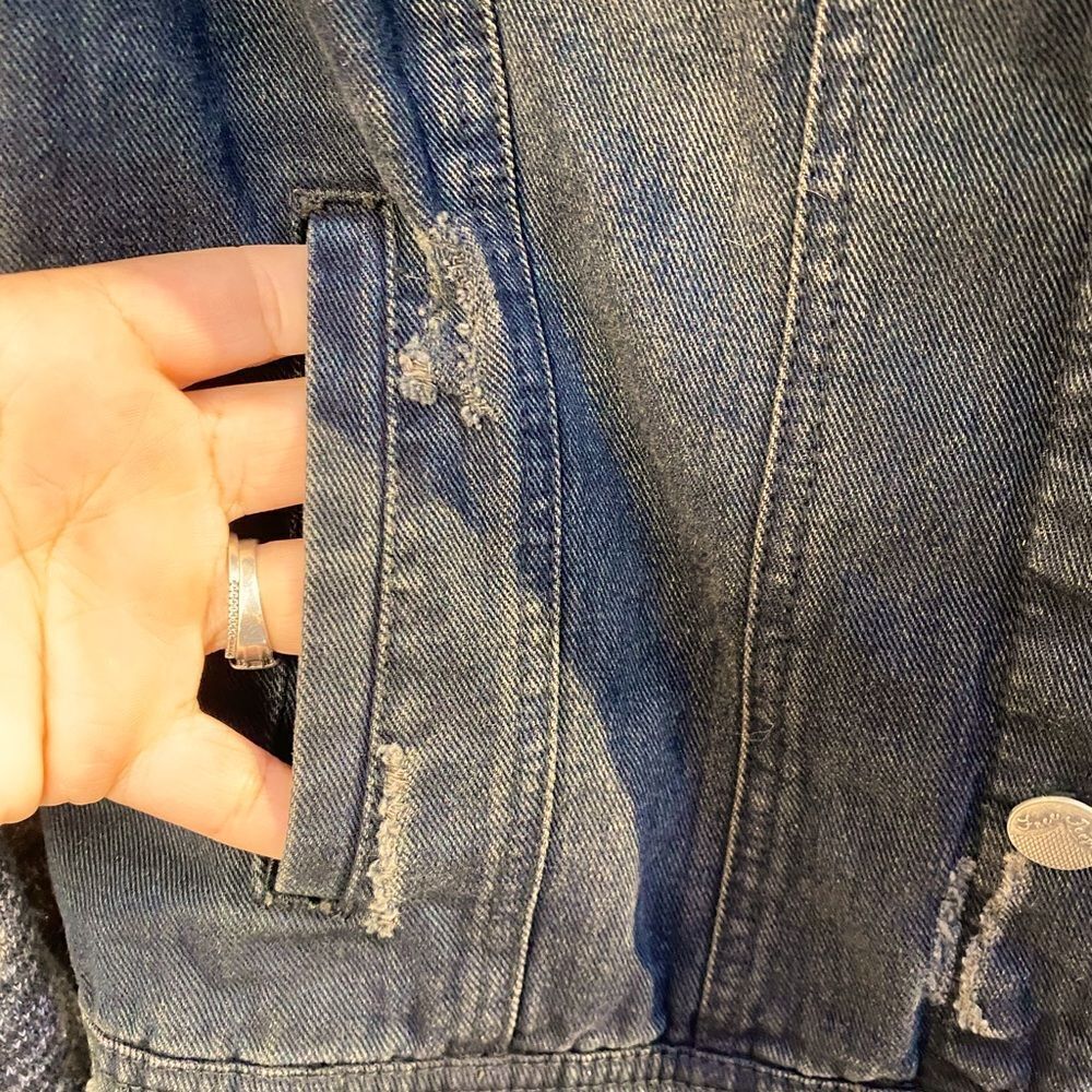 Free People Distressed Denim Jacket with Knit Sleeves *SIZE: M - Picture 4 of 8
